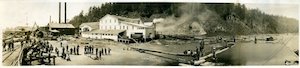 Panoramic view of a lumber mill with people near railroad tracks, several large buildings, and a pond