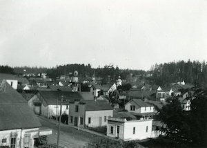 Elevated view of buildings along a street with more buildings and trees in the background