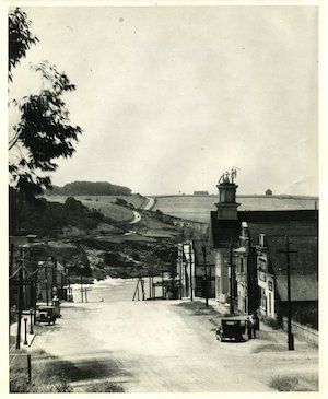 Elevated view of a street lined with utility poles, buildings and trees with fields and water in the distance