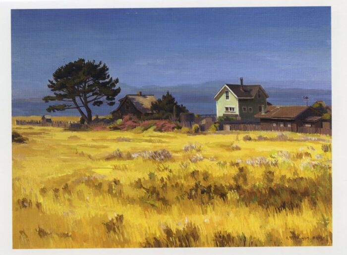 landscape of golden field and two houses in distance