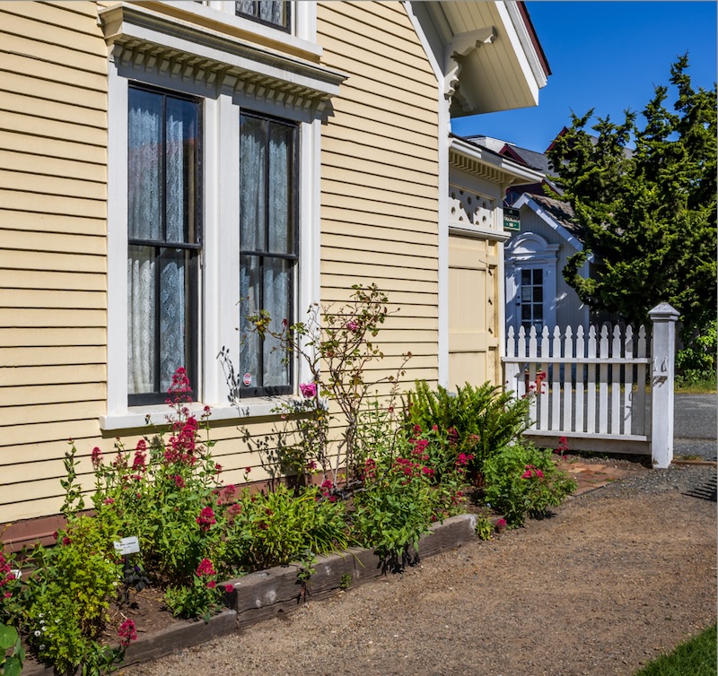 Sunny corner of a house and garden with picket fence