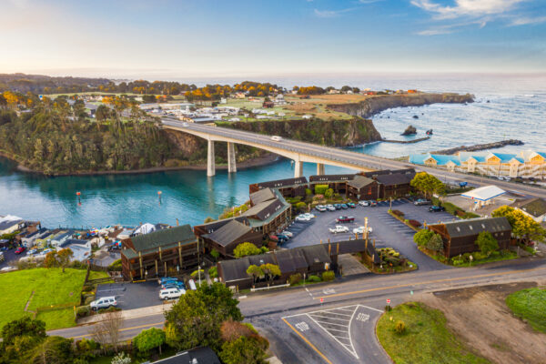 aerial view of bridge over river with buildings