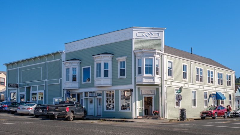 Color photograph of corner building