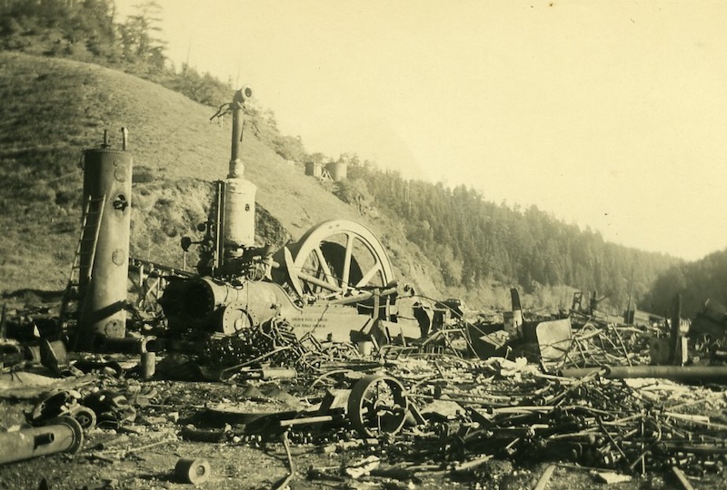 Charred equipment from a burned mill