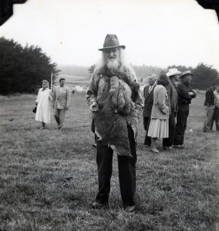 Man draped in fur skins, with long white beard and flowing hair